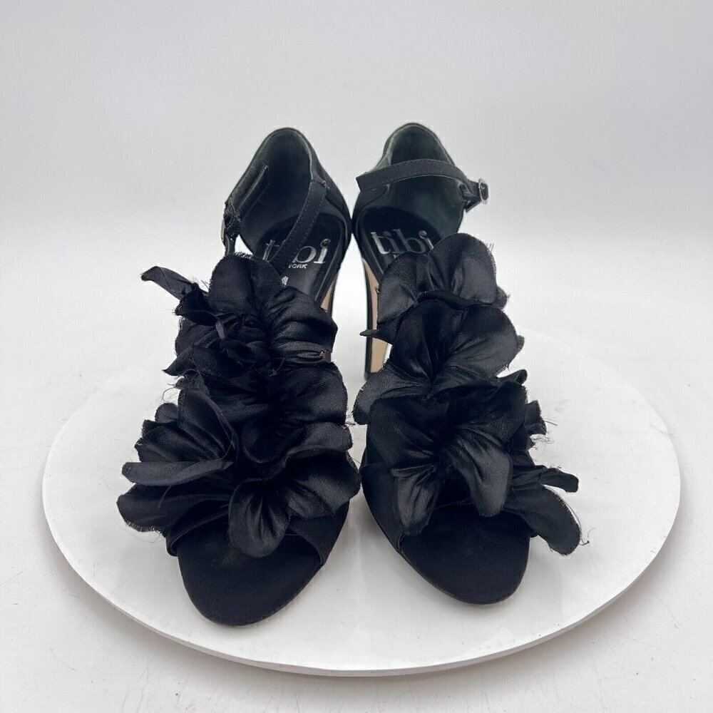Lavorazione Artigiana Women Shoes Size 7B Black Leather Floral Satin Heel Sandal - Picture 2 of 12